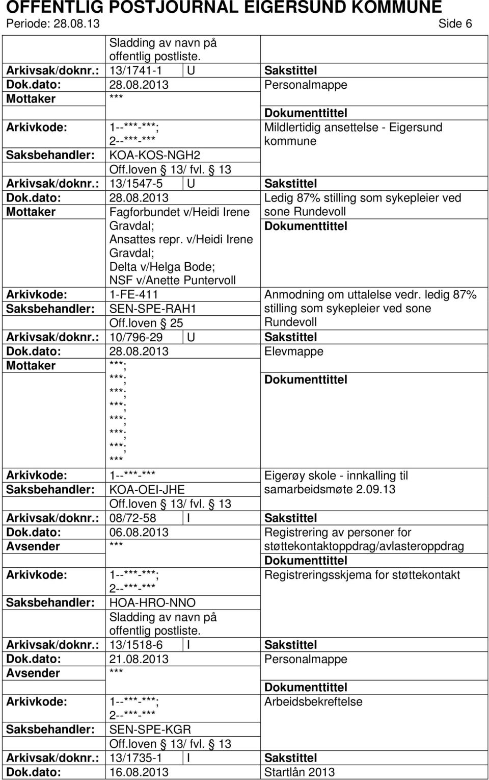 v/heidi Irene Gravdal; Delta v/helga Bode; NSF v/anette Puntervoll Anmodning om uttalelse vedr. ledig 87% SEN-SPE-RAH1 Off.loven 25 stilling som sykepleier ved sone Rundevoll Arkivsak/doknr.