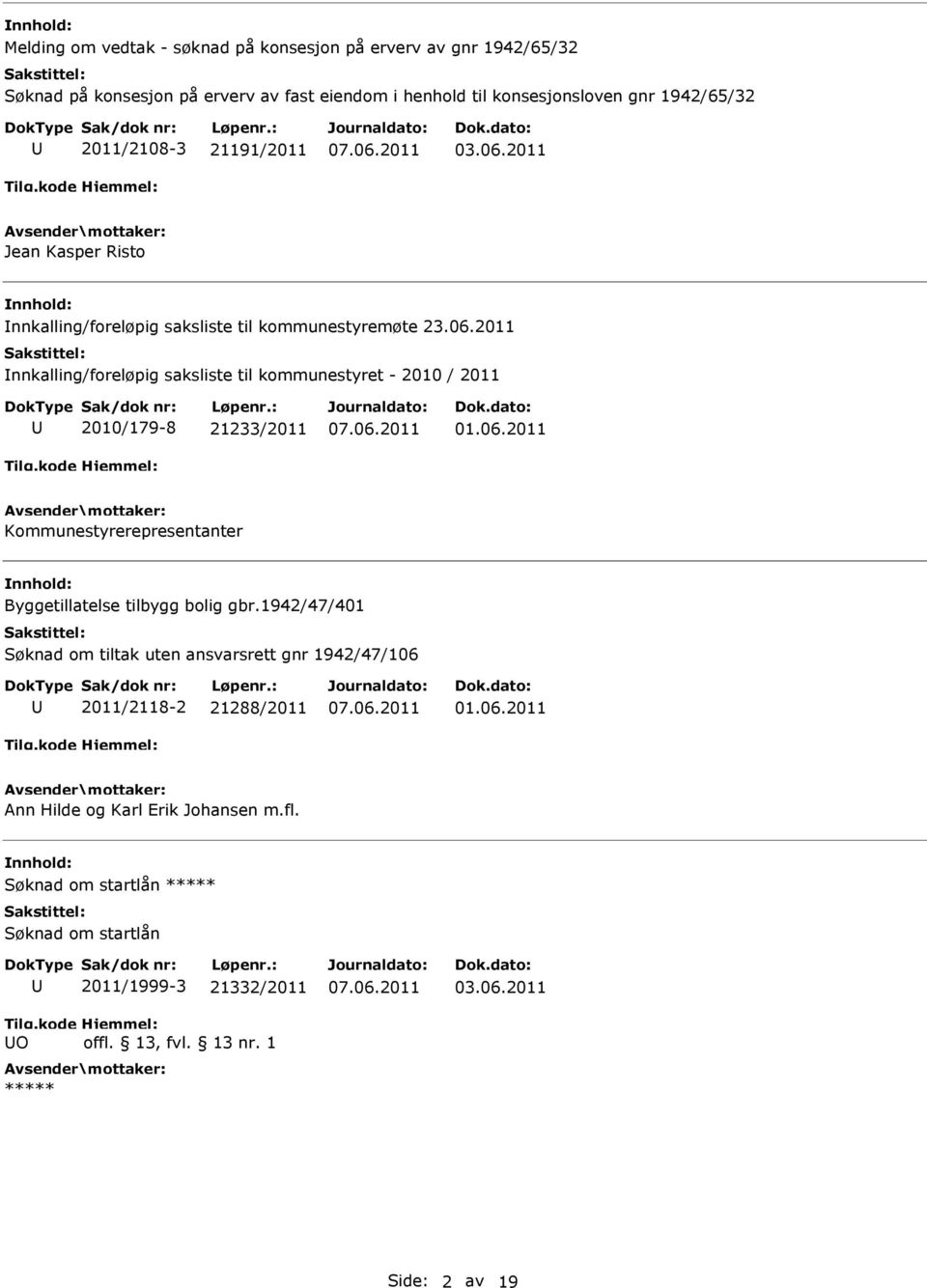 2011 nnkalling/foreløpig saksliste til kommunestyret - 2010 / 2011 2010/179-8 21233/2011 01.06.