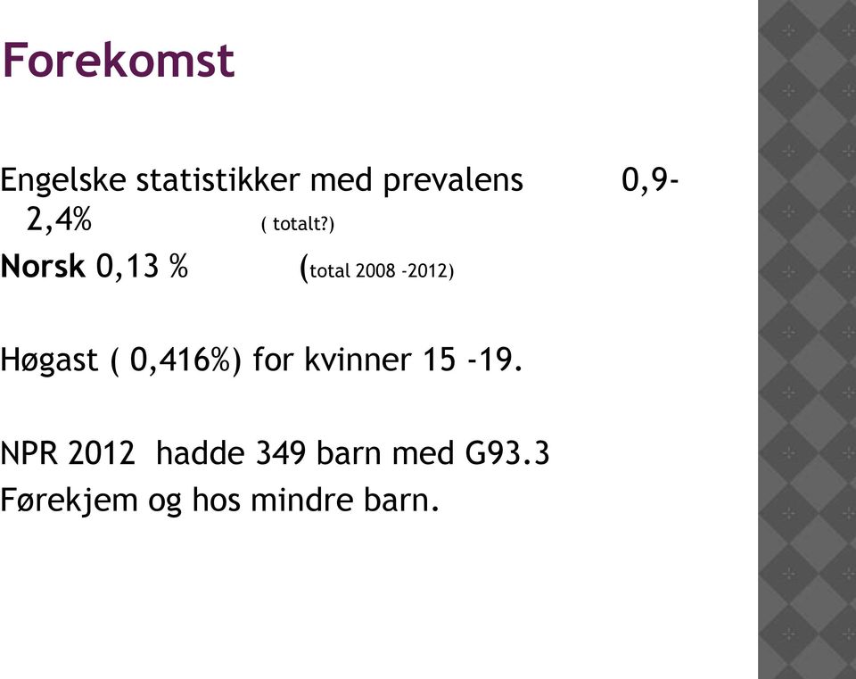 ) Norsk 0,13 % (total 2008-2012) Høgast (