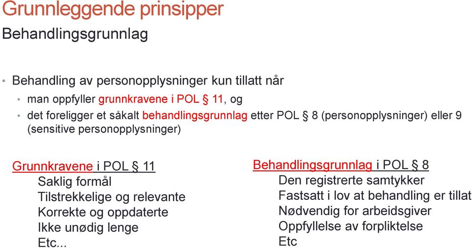 Grunnkravene i POL 11 Saklig formål Tilstrekkelige og relevante Korrekte og oppdaterte Ikke unødig lenge Etc.