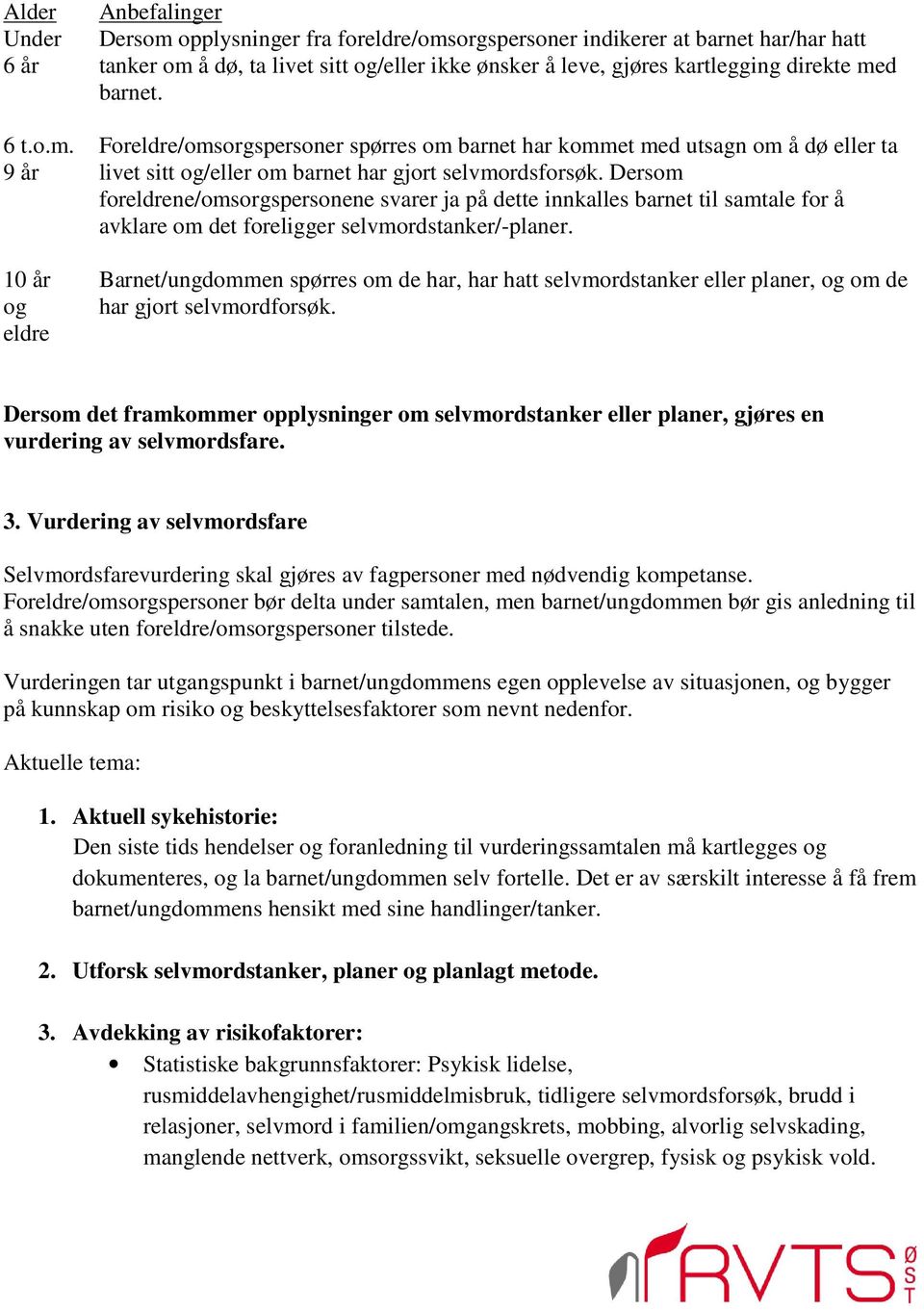 direkte med barnet. Foreldre/omsorgspersoner spørres om barnet har kommet med utsagn om å dø eller ta livet sitt og/eller om barnet har gjort selvmordsforsøk.