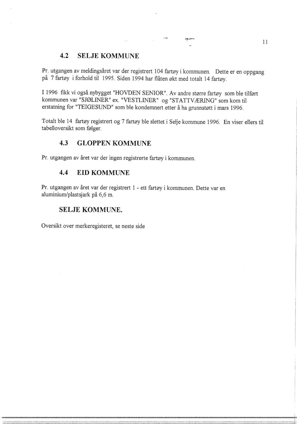 "VESTLINER" og "STATTV ÆRING" som kom til erstatning for "TEIGESUND" som ble kondemnert etter å ha grunnstøtt i mars 1996. Totalt ble 14 fartøy registrert og 7 fartøy ble slettet i Selje kommune 1996.