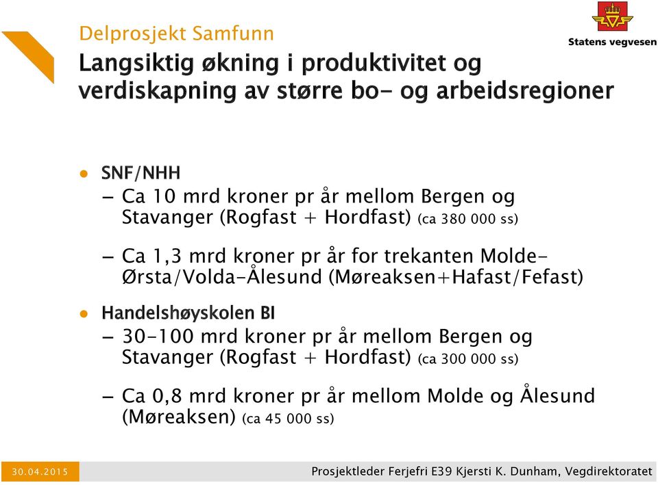 (Møreaksen+Hafast/Fefast) Handelshøyskolen BI 30-100 mrd kroner pr år mellom Bergen og Stavanger (Rogfast + Hordfast) (ca 300 000 ss) Ca
