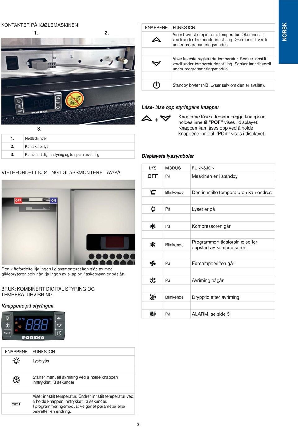 Låse- låse opp styringens knapper 3. 1. Nettledninger 2. Kontakt for lys + Knappene låses dersom begge knappene holdes inne til POF vises i displayet.