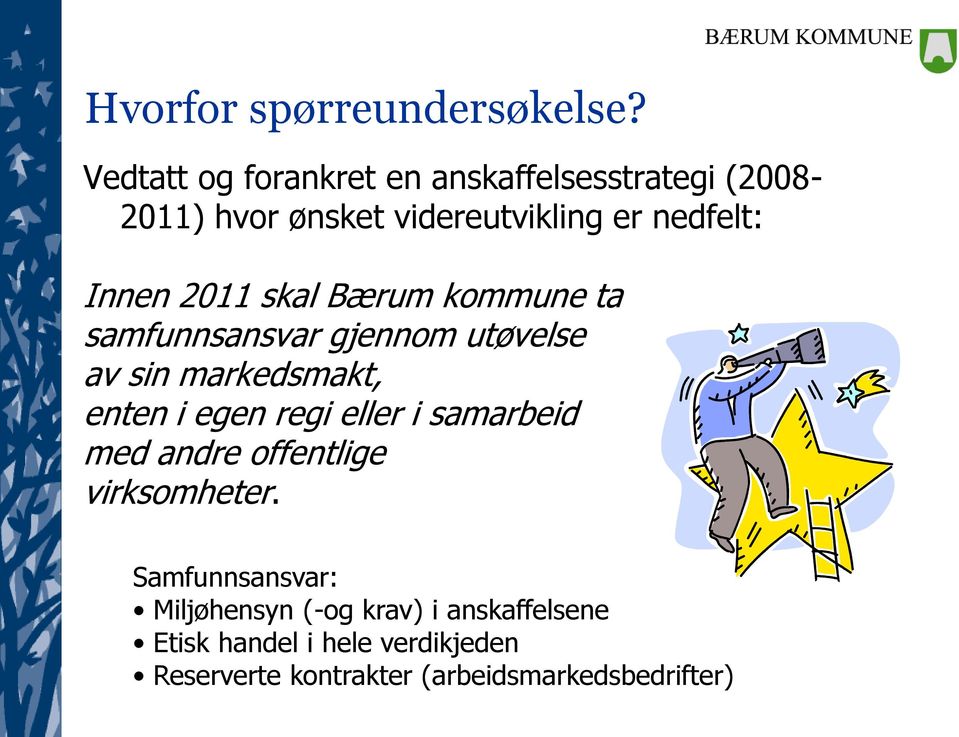 2011 skal Bærum kommune ta samfunnsansvar gjennom utøvelse av sin markedsmakt, enten i egen regi eller