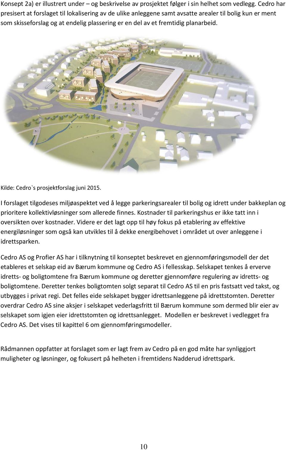 Kilde: Cedro`s prosjektforslag juni 2015. I forslaget tilgodeses miljøaspektet ved å legge parkeringsarealer til bolig og idrett under bakkeplan og prioritere kollektivløsninger som allerede finnes.