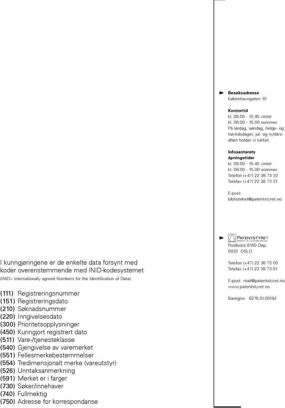 0033 OSLO I kunngjøringene er de enkelte data forsynt med koder overenstemmende med INID-kodesystemet (INID= Internationally agreed Numbers for the Identification of Data).