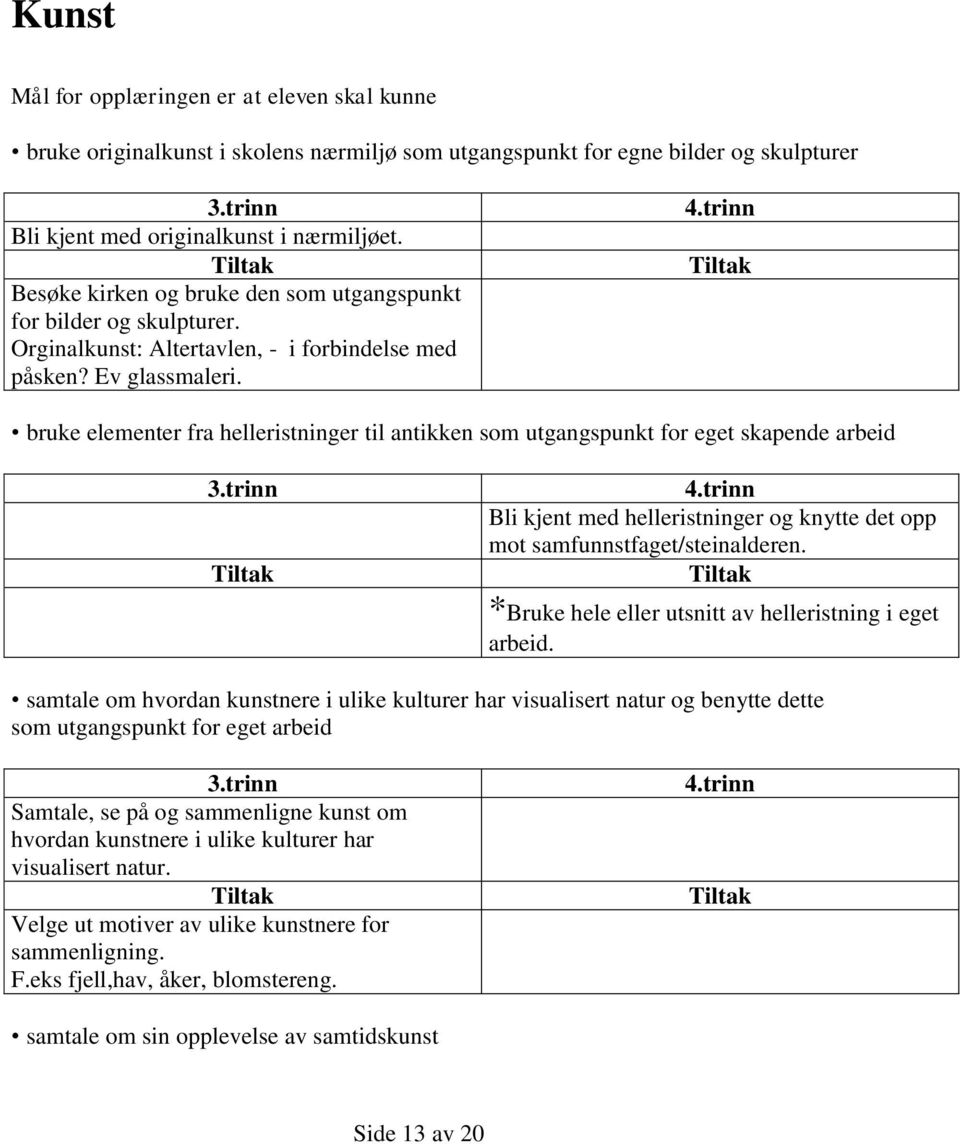 bruke elementer fra helleristninger til antikken som utgangspunkt for eget skapende arbeid Bli kjent med helleristninger og knytte det opp mot samfunnstfaget/steinalderen.