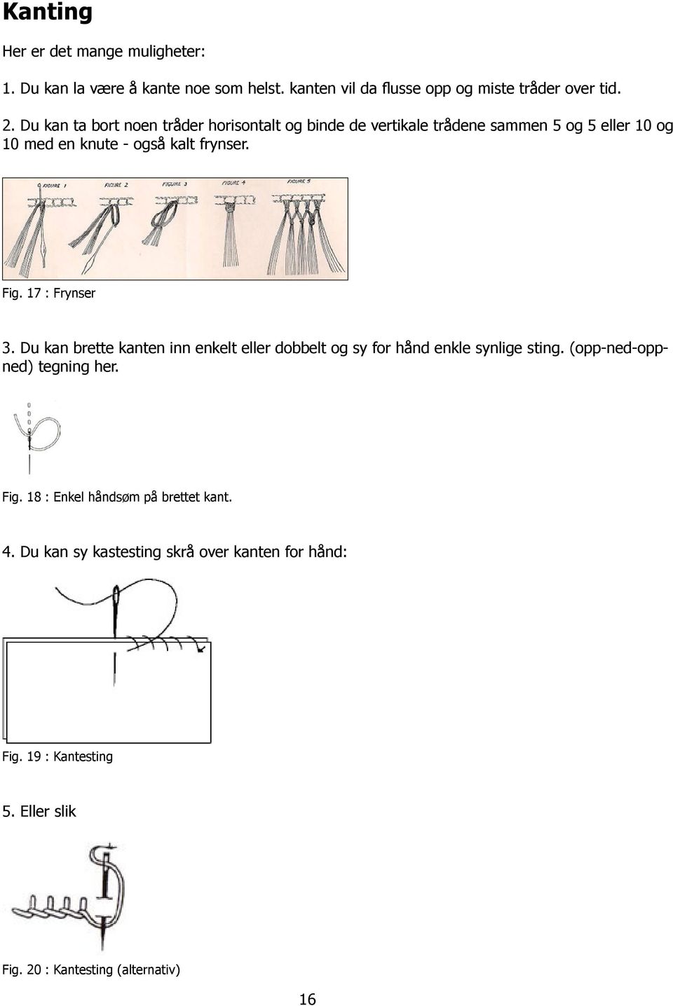 17 : Frynser 3. Du kan brette kanten inn enkelt eller dobbelt og sy for hånd enkle synlige sting. (opp-ned-oppned) tegning her. Fig.