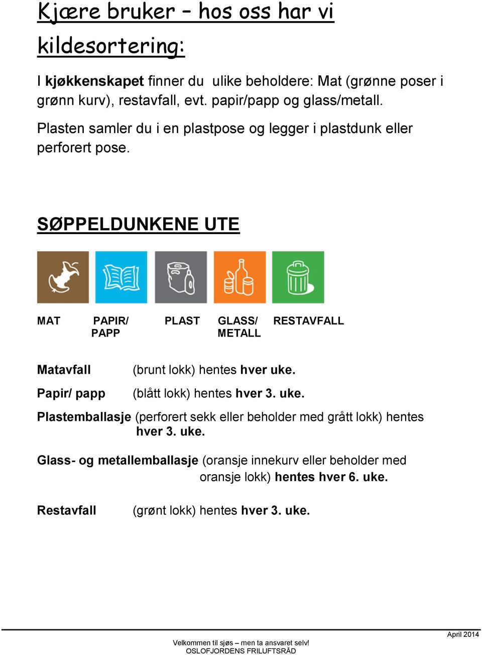 SØPPELDUNKENE UTE MAT PAPIR/ PLAST GLASS/ RESTAVFALL PAPP METALL Matavfall Papir/ papp (brunt lokk) hentes hver uke.