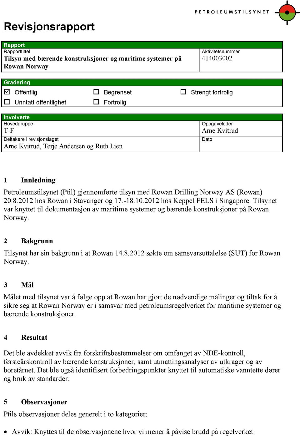 tilsyn med Rowan Drilling Norway AS (Rowan) 20.8.2012 hos Rowan i Stavanger og 17.-18.10.2012 hos Keppel FELS i Singapore.