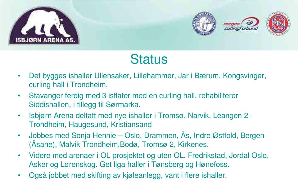 Isbjørn Arena deltatt med nye ishaller i Tromsø, Narvik, Leangen 2 - Trondheim, Haugesund, Kristiansand Jobbes med Sonja Hennie Oslo, Drammen, Ås, Indre
