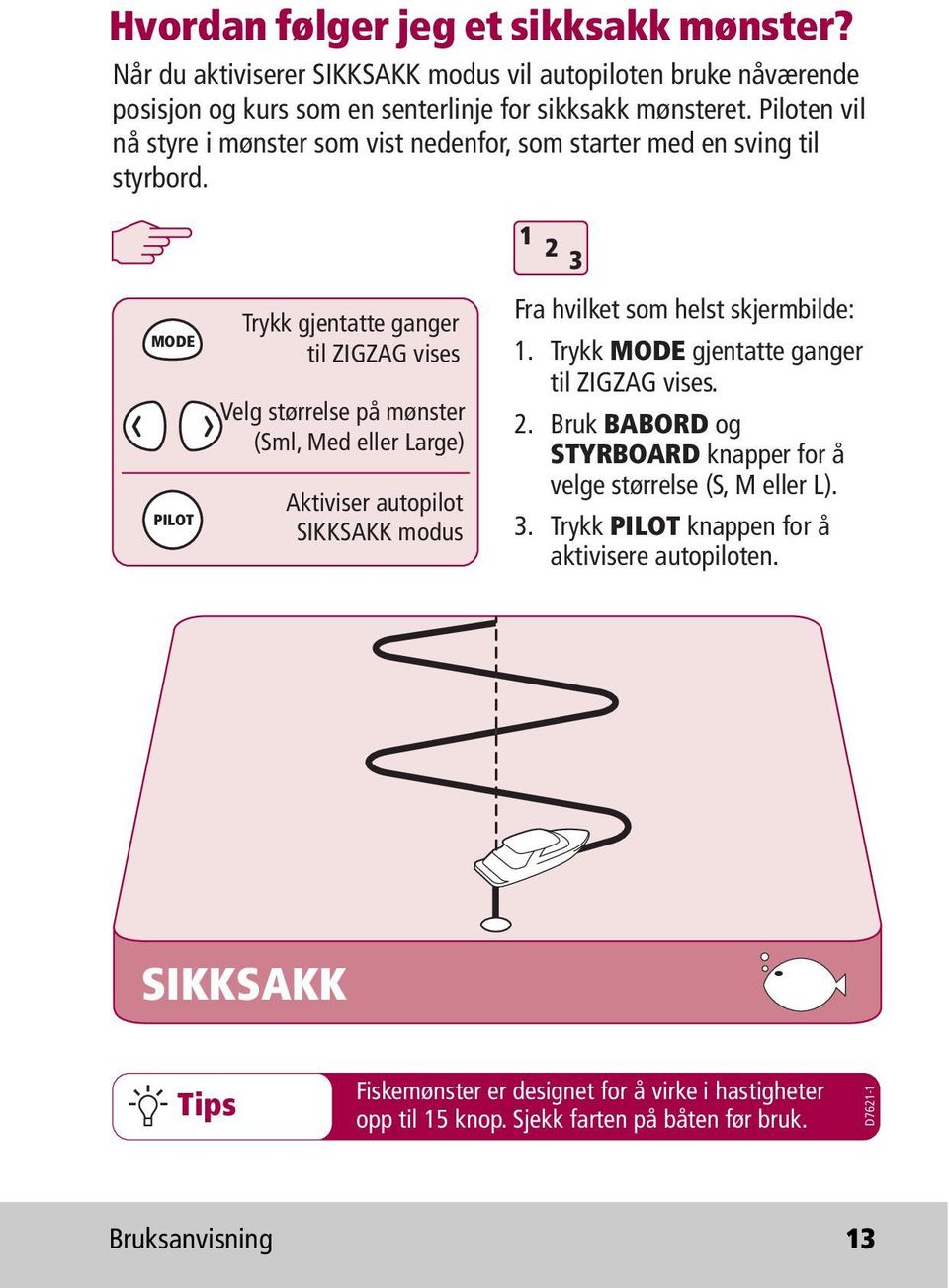 1 2 3 MODE PILOT Trykk gjentatte ganger til ZIGZAG vises Velg størrelse på mønster (Sml, Med eller Large) Aktiviser autopilot SIKKSAKK modus Fra hvilket som helst skjermbilde: 1.