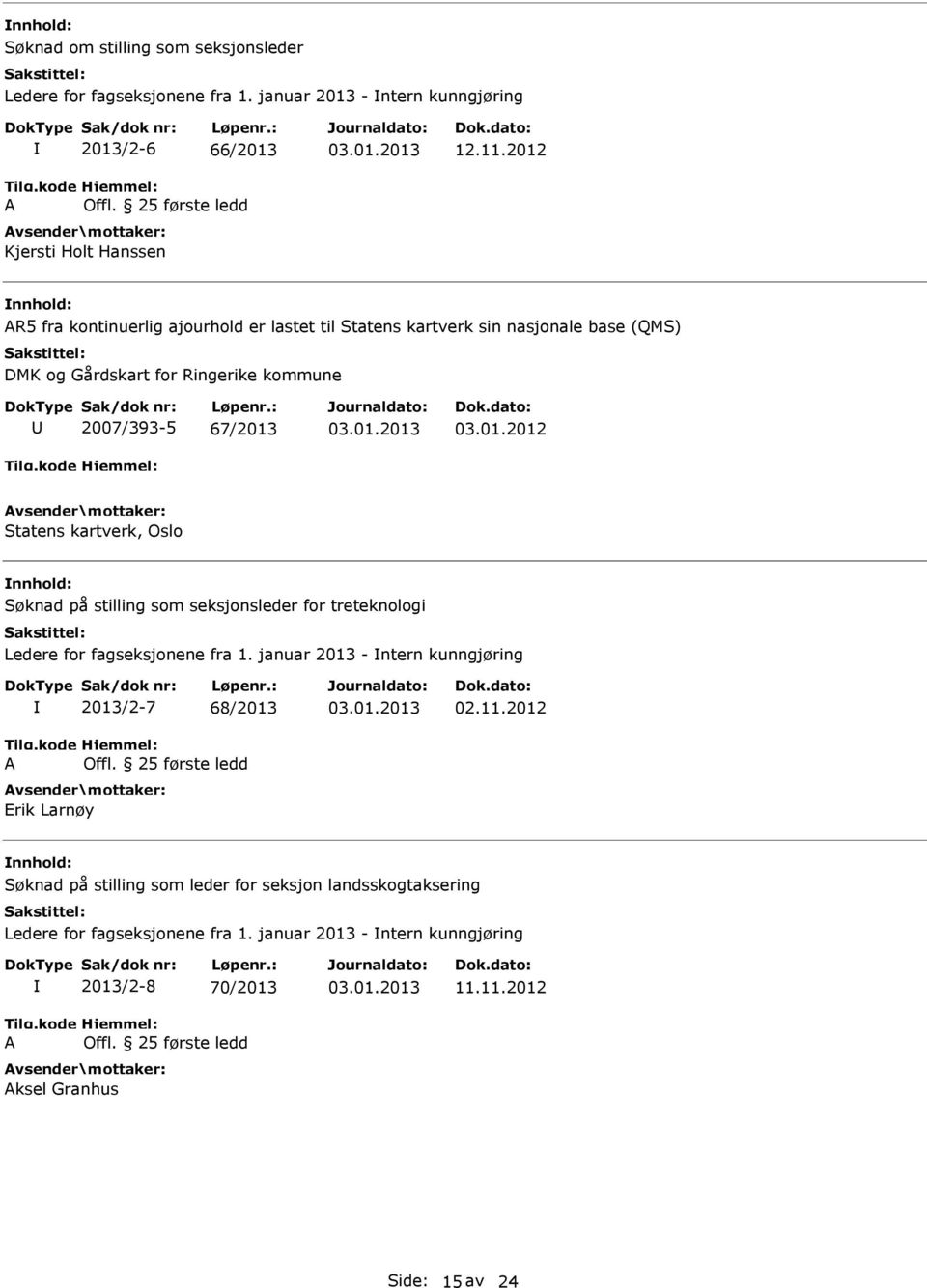 januar 2013 - ntern kunngjøring 2013/2-7 68/2013 Erik Larnøy 02.11.2012 Søknad på stilling som leder for seksjon landsskogtaksering Ledere for fagseksjonene fra 1.