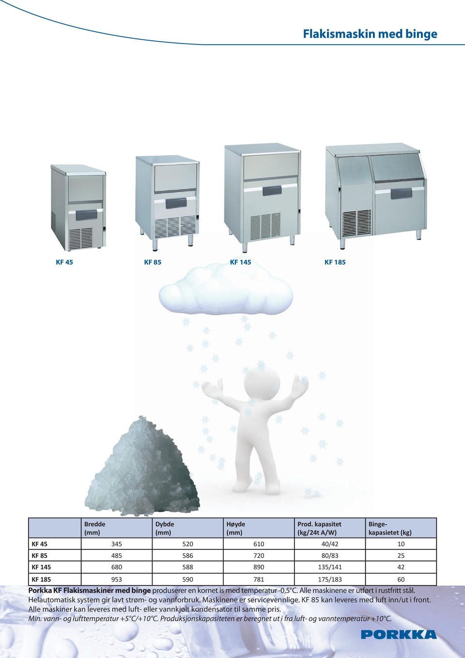 Flakismaskiner med binge produserer en kornet is med temperatur -0,5 C. Alle maskinene er utført i rustfritt stål. Helautomatisk system gir lavt strøm- og vannforbruk.