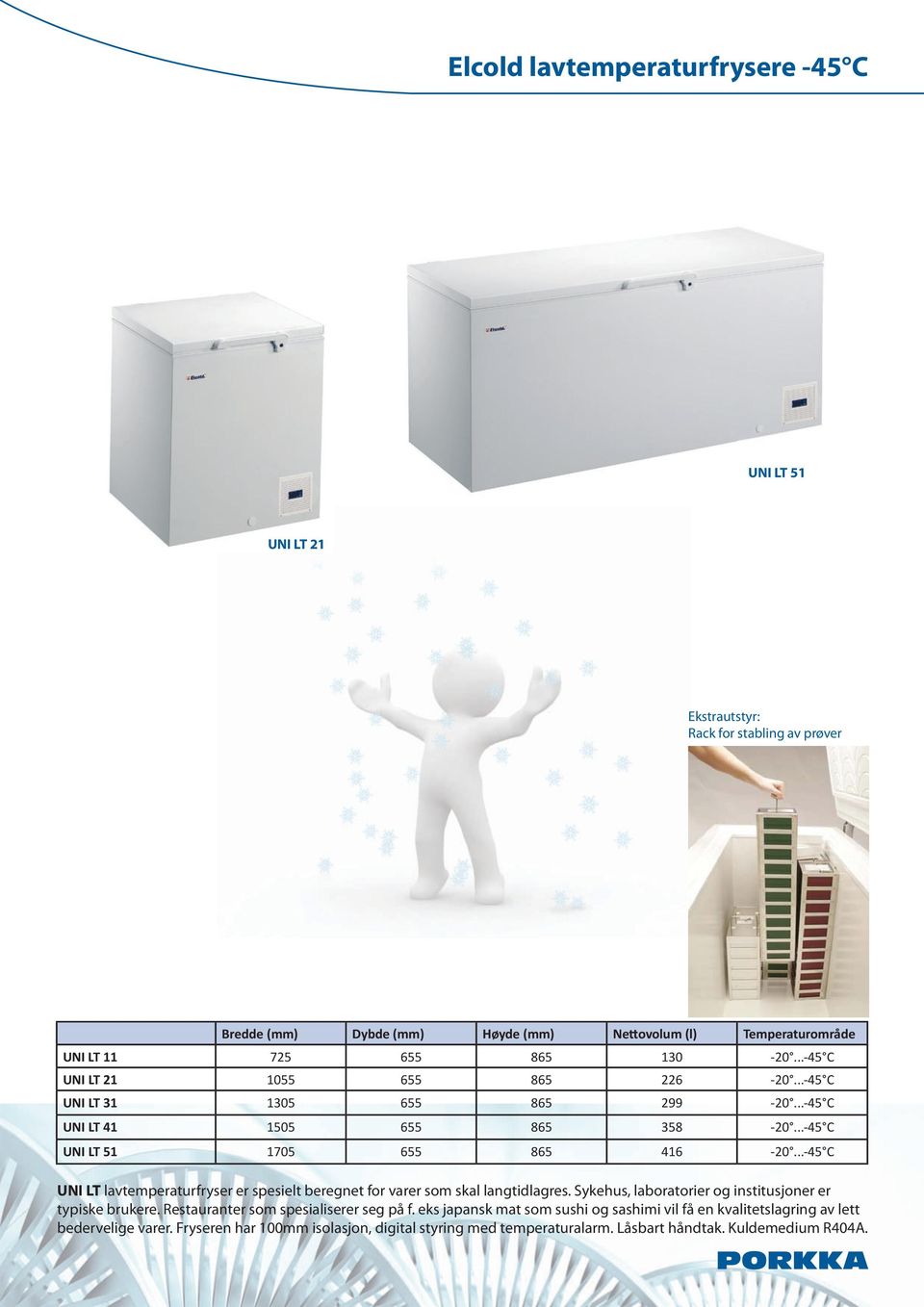 ..-45 C UNI LT lavtemperaturfryser er spesielt beregnet for varer som skal langtidlagres. Sykehus, laboratorier og institusjoner er typiske brukere.
