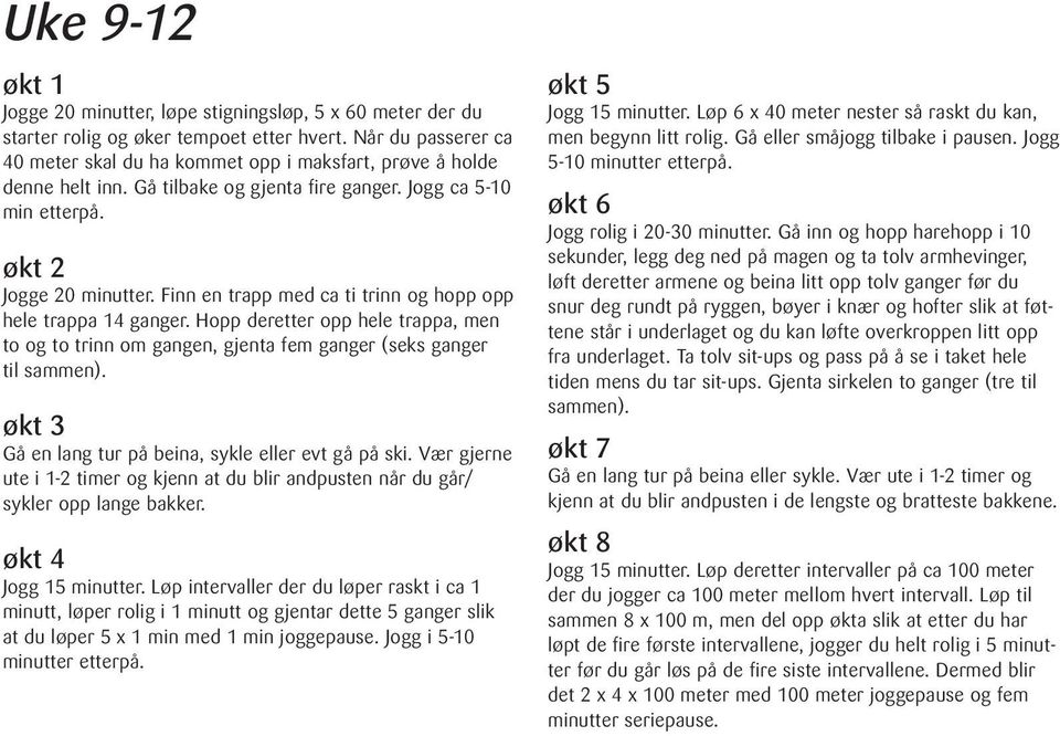 Vær gjerne ute i 1-2 timer og kjenn at du blir andpusten når du går/ sykler opp lange bakker. økt 4 Jogg 15 minutter.