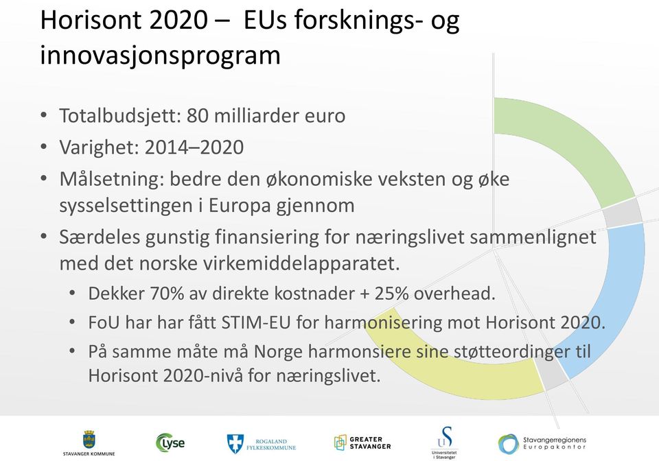 sammenlignet med det norske virkemiddelapparatet. Dekker 70% av direkte kostnader + 25% overhead.