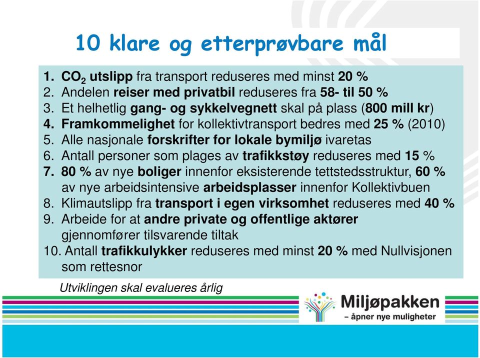 Antall personer som plages av trafikkstøy reduseres med 15 % 7. 80 % av nye boliger innenfor eksisterende tettstedsstruktur, 60 % av nye arbeidsintensive arbeidsplasser innenfor Kollektivbuen 8.