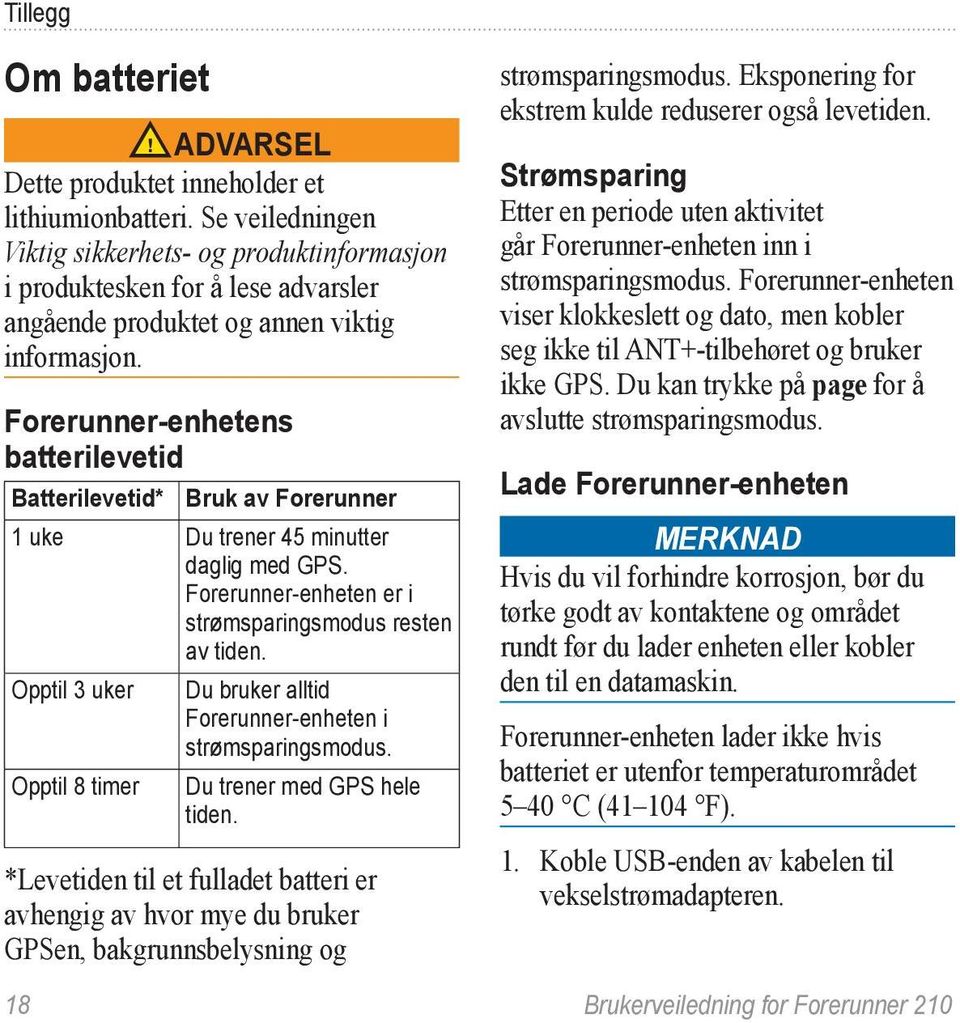 Forerunner-enhetens batterilevetid Batterilevetid* Bruk av Forerunner 1 uke Du trener 45 minutter daglig med GPS. Forerunner-enheten er i strømsparingsmodus resten av tiden.