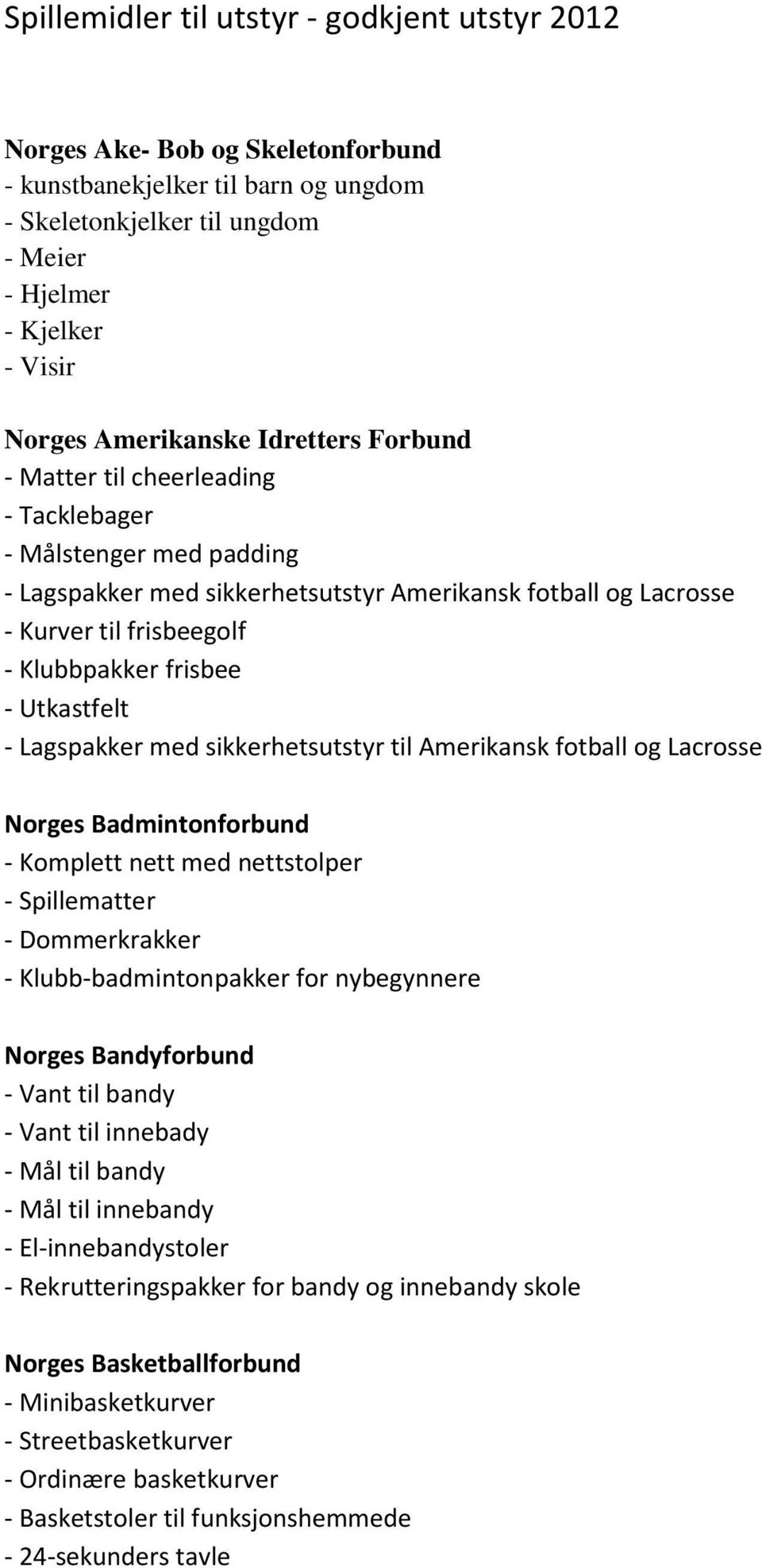 frisbee - Utkastfelt - Lagspakker med sikkerhetsutstyr til Amerikansk fotball og Lacrosse Norges Badmintonforbund - Komplett nett med nettstolper - Spillematter - Dommerkrakker -