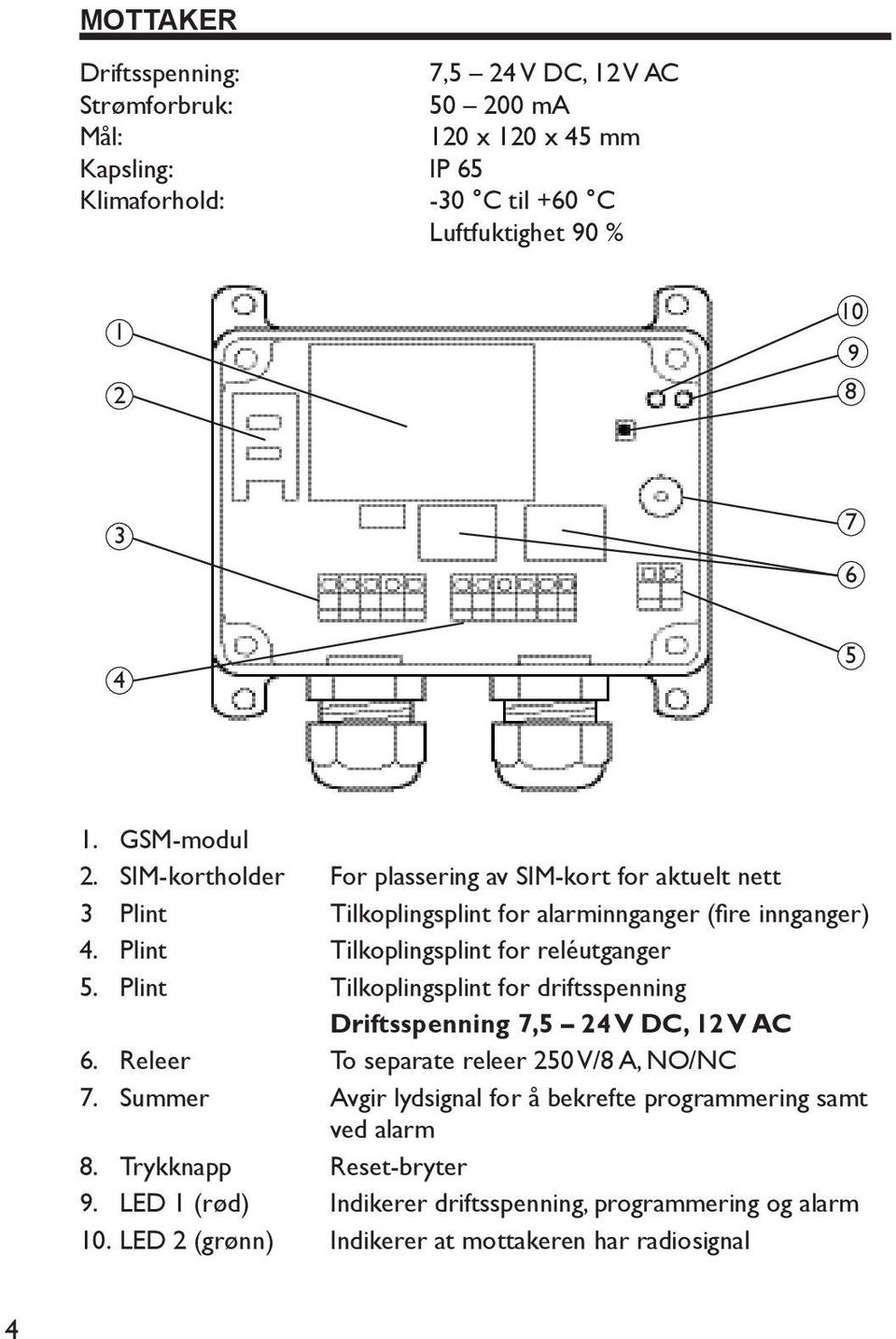 Plint Tilkoplingsplint for reléutganger 5. Plint Tilkoplingsplint for driftsspenning Driftsspenning 7,5 24 V DC, 12 V AC 6. Releer To separate releer 250 V/8 A, NO/NC 7.