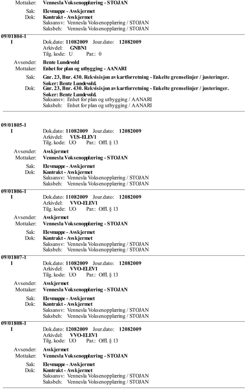 Rekvisisjon av kartforretning - Enkelte grenselinjer / justeringer. Søker: Bente Lundevold. 09/01805-1 I Dok.