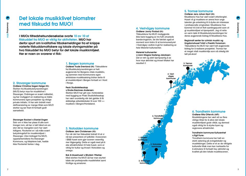 Her er noen av svarene vi fikk: 2. Stavanger kommune Ordfører Christine Sagen Helgø (H): Støtten fra Musikkutstyrsordningen (MUO) betyr mye for musikklivet i Stavanger.
