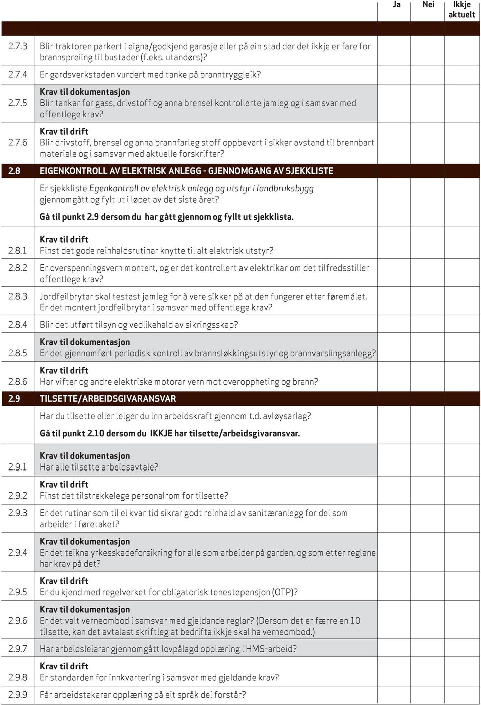 2.8 EIGENKONTROLL AV ELEKTRISK ANLEGG - GJENNOMGANG AV SJEKKLISTE Er sjekkliste Egenkontroll av elektrisk anlegg og utstyr i landbruksbygg gjennomgått og fylt ut i løpet av det siste året?