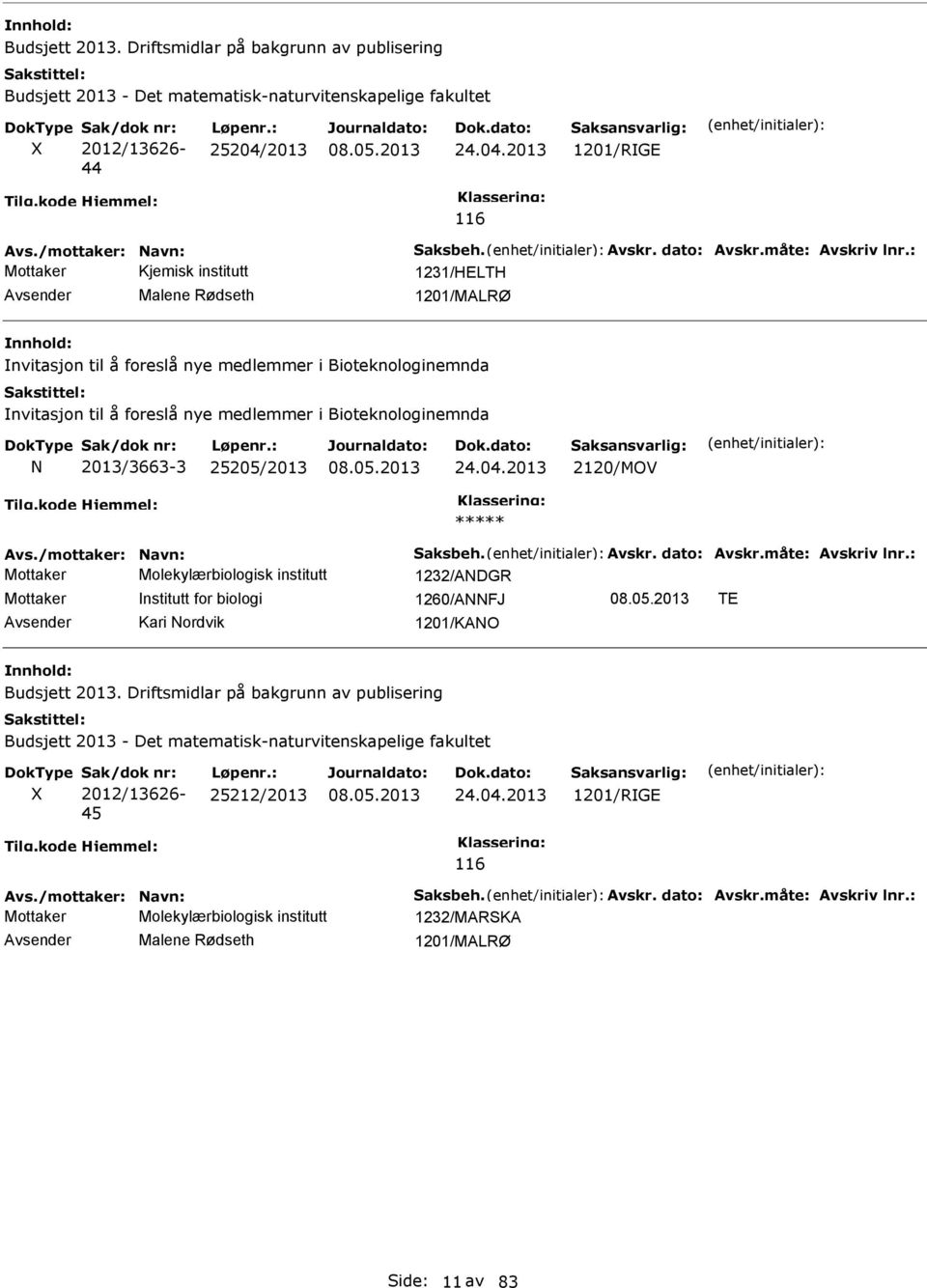 : Mottaker Kjemisk institutt 1231/HELTH Malene Rødseth 1201/MALRØ nvitasjon til å foreslå nye medlemmer i Bioteknologinemnda nvitasjon til å foreslå nye medlemmer i Bioteknologinemnda 2013/3663-3