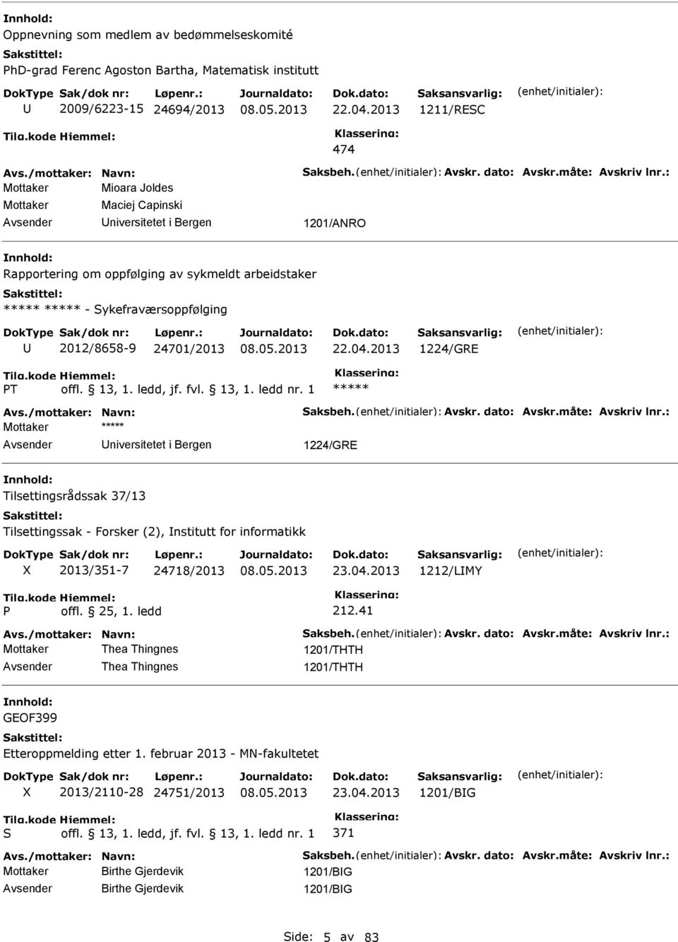 : Mottaker Mioara Joldes Mottaker Maciej Capinski niversitetet i Bergen 1201/ARO Rapportering om oppfølging av sykmeldt arbeidstaker - Sykefraværsoppfølging 2012/8658-9 24701/2013 22.04.