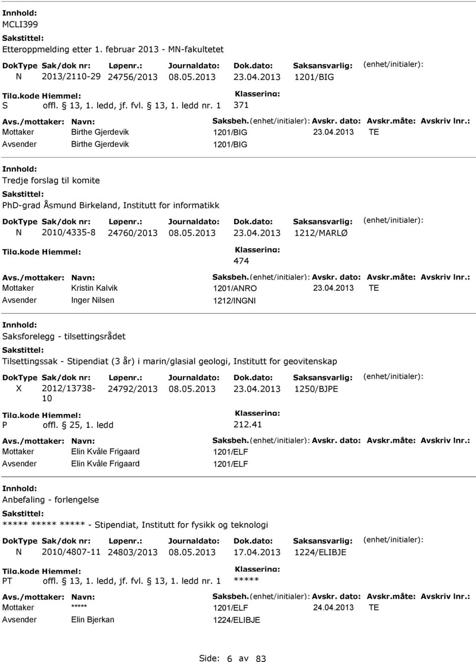 /mottaker: avn: Saksbeh. Avskr. dato: Avskr.måte: Avskriv lnr.: Mottaker Kristin Kalvik 1201/ARO 23.04.