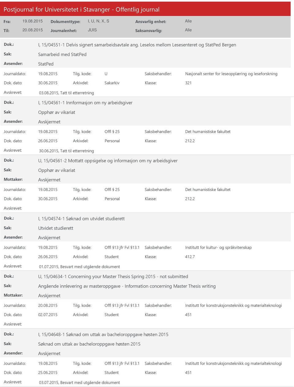 2015 Arkivdel: Personal 212.2 30.06.2015, Tatt til etterretning, 15/04561-2 Mottatt oppsigelse og informasjon om ny arbeidsgiver Opphør av vikariat Offl 25 Dok. dato: 30.06.2015 Arkivdel: Personal 212.2 I, 15/04-1 Søknad om utvidet studierett tvidet studierett Institutt for kultur- og språkvitenskap Dok.