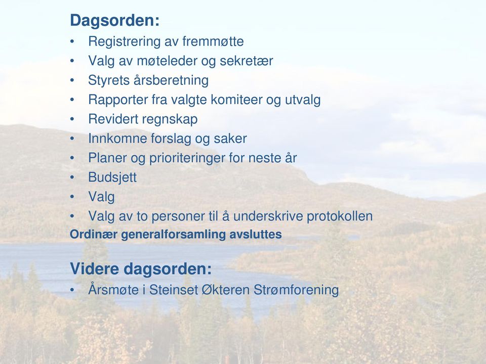 og prioriteringer for neste år Budsjett Valg Valg av to personer til å underskrive