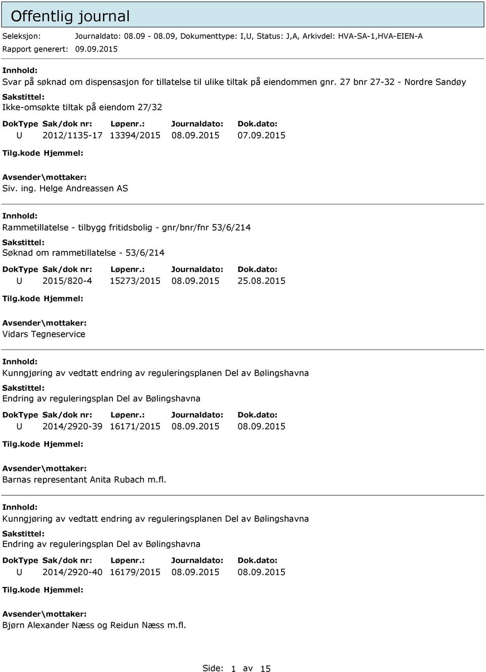 Helge Andreassen AS nnhold: Rammetillatelse - tilbygg fritidsbolig - gnr/bnr/fnr 53/6/214 Søknad om rammetillatelse - 53/6/214 2015/820-4 15273/2015 25.08.