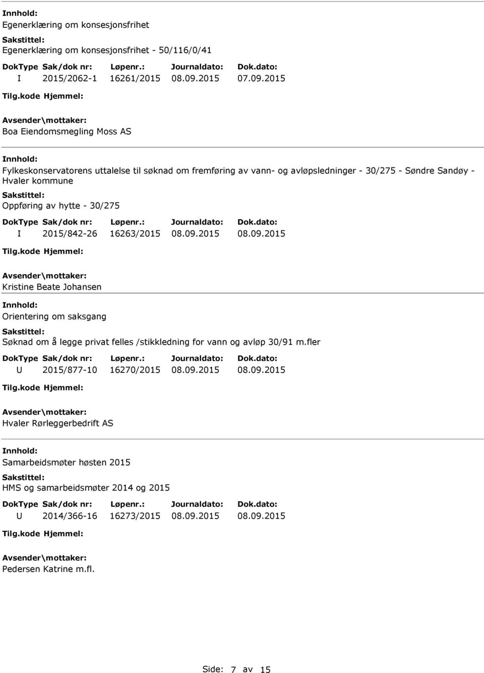 2015/842-26 16263/2015 Kristine Beate Johansen nnhold: Orientering om saksgang Søknad om å legge privat felles /stikkledning for vann og avløp 30/91 m.