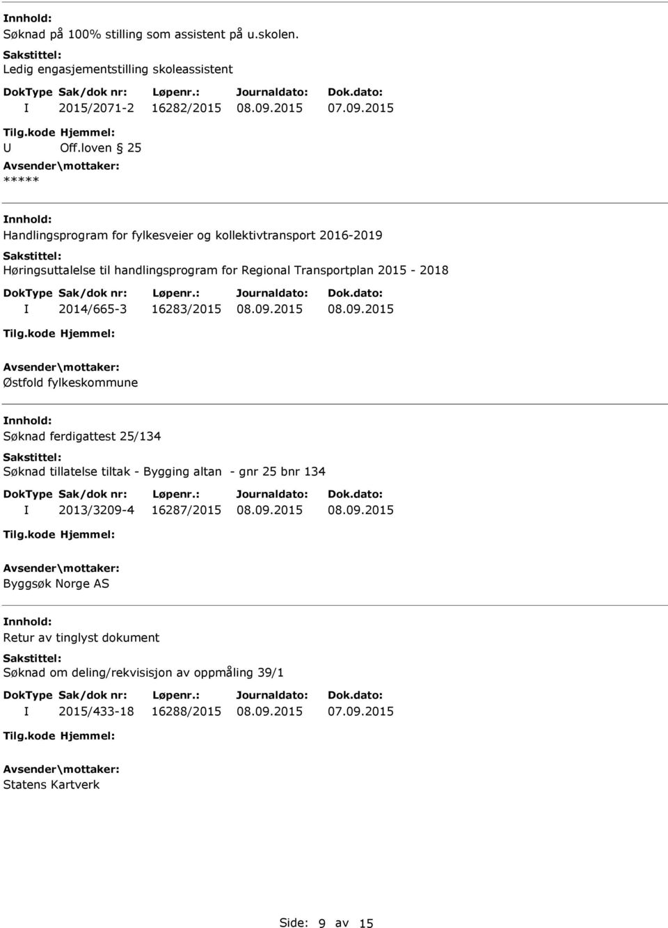 2015-2018 2014/665-3 16283/2015 Østfold fylkeskommune nnhold: Søknad ferdigattest 25/134 Søknad tillatelse tiltak - Bygging altan - gnr 25 bnr 134