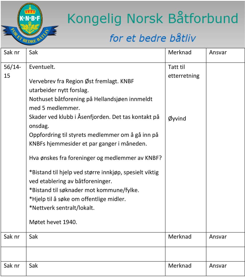 Hva ønskes fra foreninger og medlemmer av KNBF? *Bistand til hjelp ved større innkjøp, spesielt viktig ved etablering av båtforeninger.