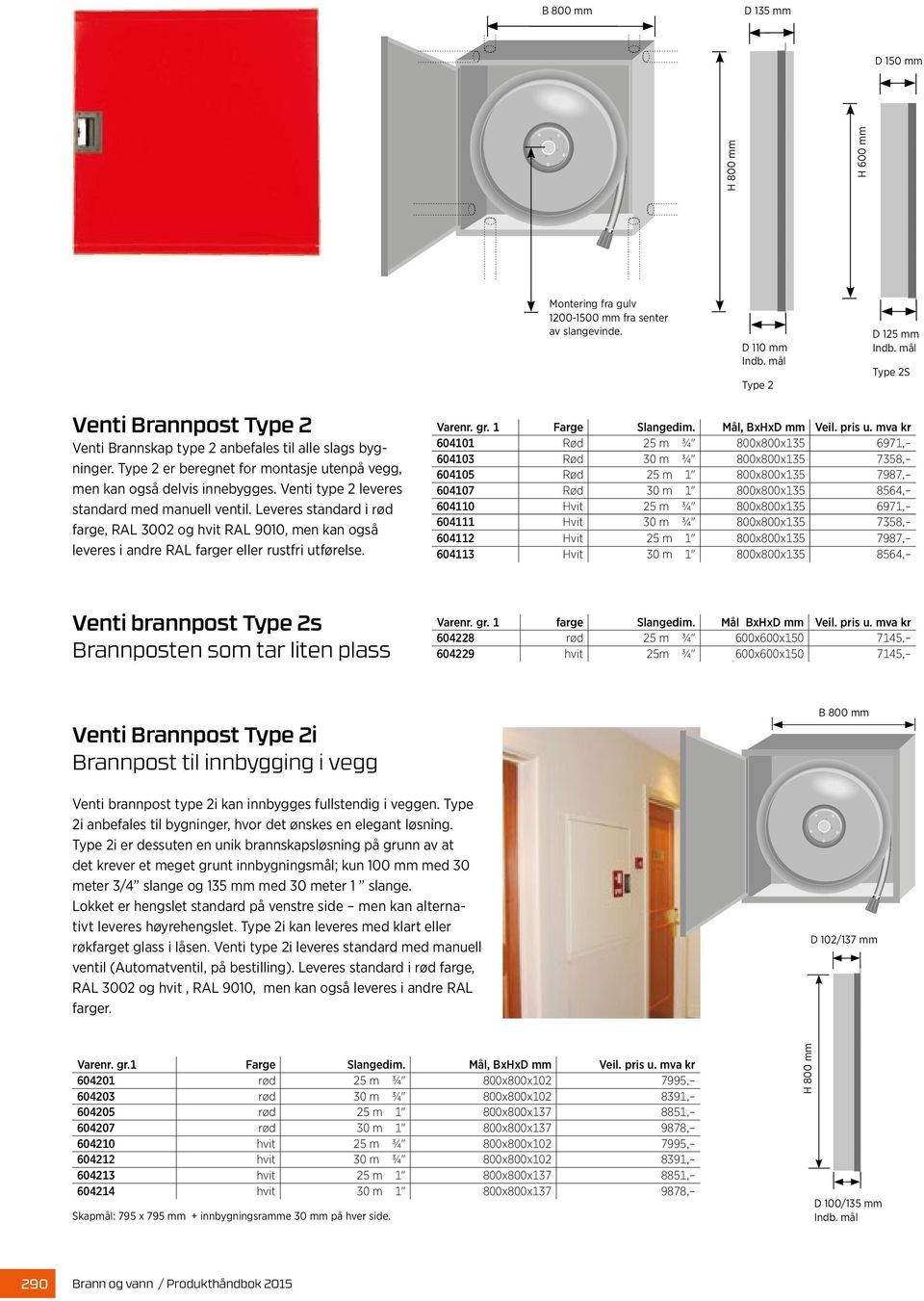 Venti type 2 leveres standard med manuell ventil. Leveres standard i rød farge, RAL 3002 og hvit RAL 9010, men kan også leveres i andre RAL farger eller rustfri utførelse. Varenr. gr.