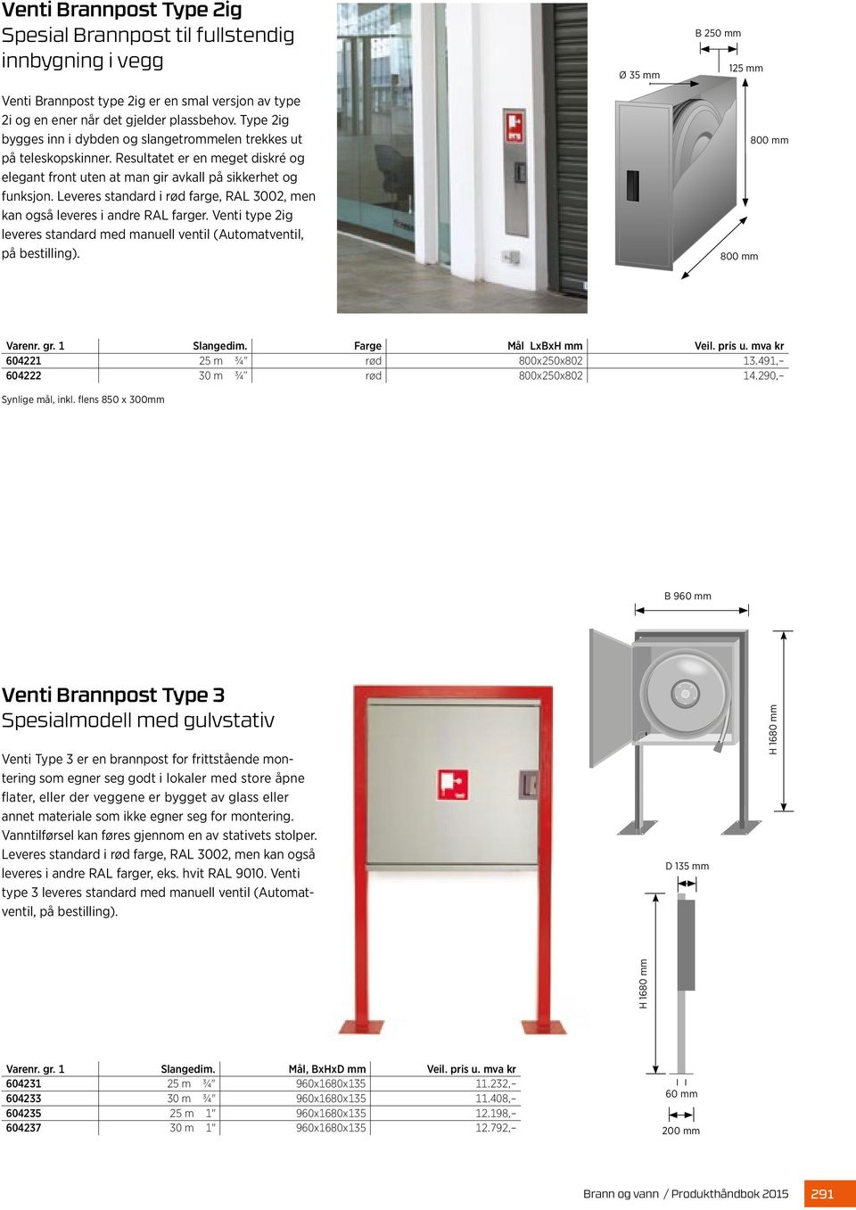 Leveres standard i rød farge, RAL 3002, men kan også leveres i andre RAL farger. Venti type 2ig leveres standard med manuell ventil (Automatventil, på bestilling).