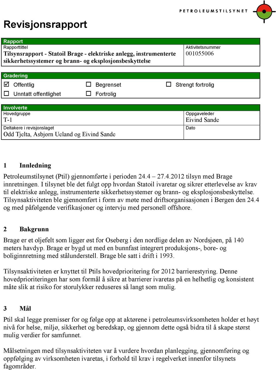 Innledning Petroleumstilsynet (Ptil) gjennomførte i perioden 24.4 27.4.2012 tilsyn med Brage innretningen.