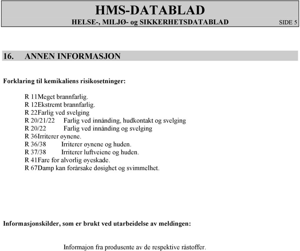 R 22 Farlig ved svelging R 20/21/22 Farlig ved innånding, hudkontakt og svelging R 20/22 Farlig ved innånding og svelging R 36 Irriterer øynene.