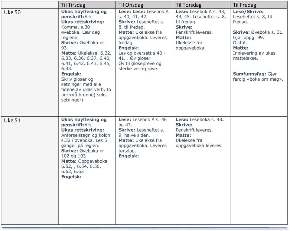 . Øv gloser Øv til gloseprøve og sterke verb-prøve. Lese: Lesebok A s. 43, 44, 45. Leseheftet s. 8, til fredag. Lese/ Leseheftet s. 8, til fredag. Øveboka s. 31. Gjør oppg. 99.