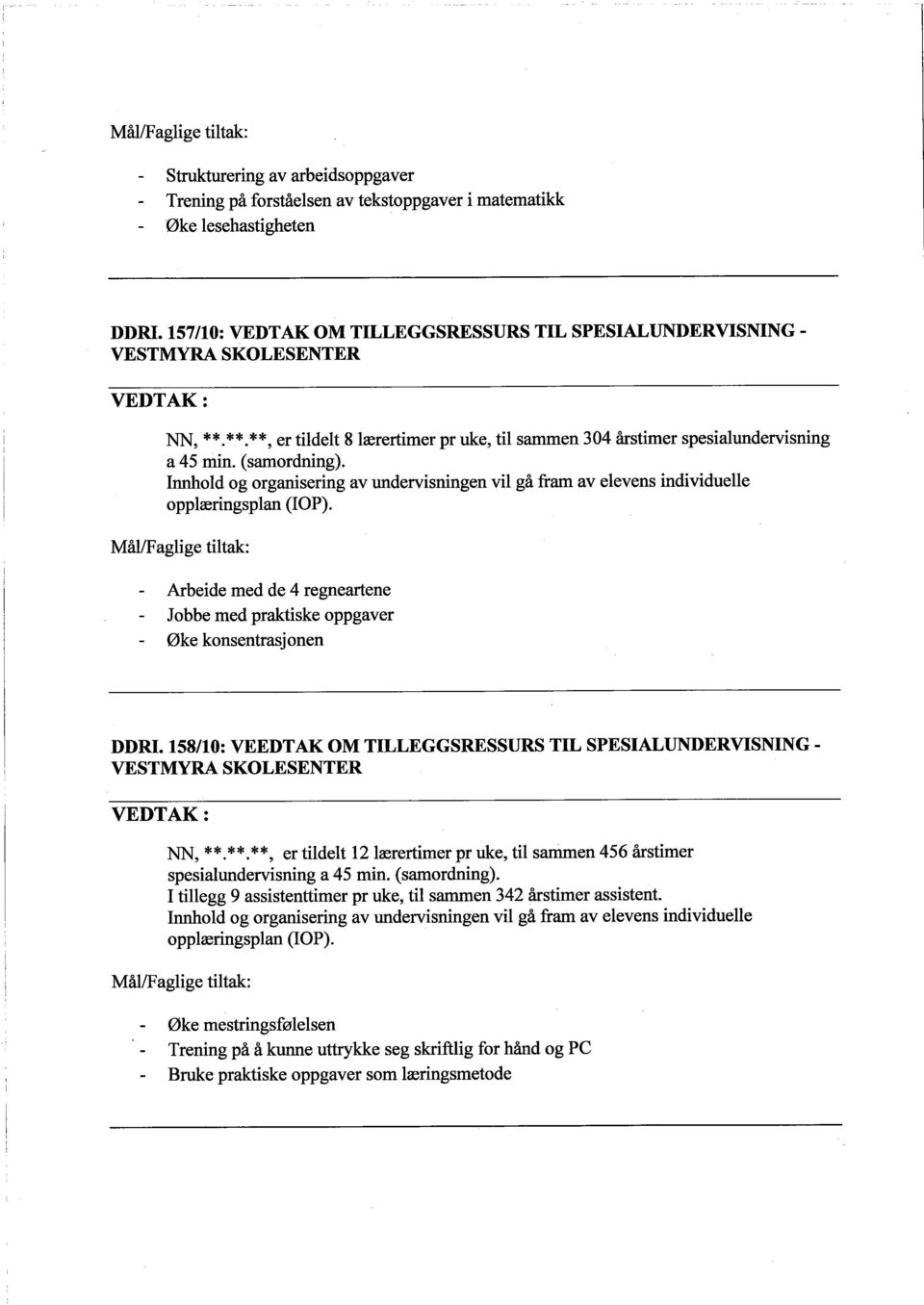 Mål/Faglige tiltak: Arbeide med de 4 regneartene Jobbe med praktiske oppgaver Øke konsentrasjonen DDRI. 158/10: VEEDTAK OM TILLEGGSRESSURS TIL SPESIALUNDERVISNING - NN, * *.