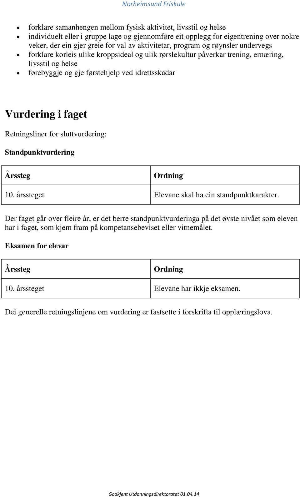 Vurdering i faget Retningsliner for sluttvurdering: Standpunktvurdering Årssteg Ordning 10. årssteget Elevane skal ha ein standpunktkarakter.