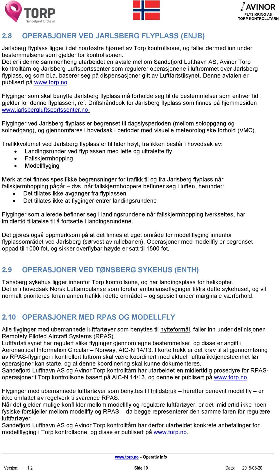 og som bl.a. baserer seg på dispensasjoner gitt av Luftfartstilsynet. Denne avtalen er publisert på www.torp.no.