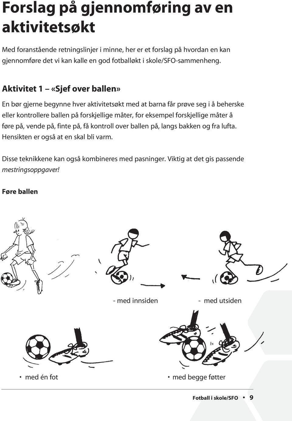 Aktivitet 1 «Sjef over ballen» En bør gjerne begynne hver aktivitetsøkt med at barna får prøve seg i å beherske eller kontrollere ballen på forskjellige måter, for eksempel