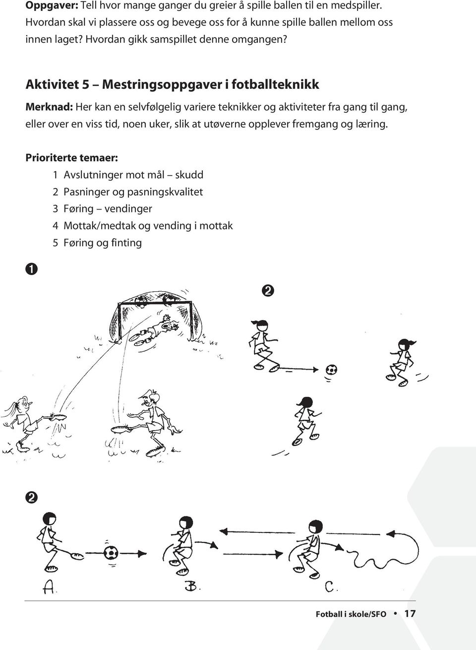 Aktivitet 5 Mestringsoppgaver i fotballteknikk Merknad: Her kan en selvfølgelig variere teknikker og aktiviteter fra gang til gang, eller over en viss