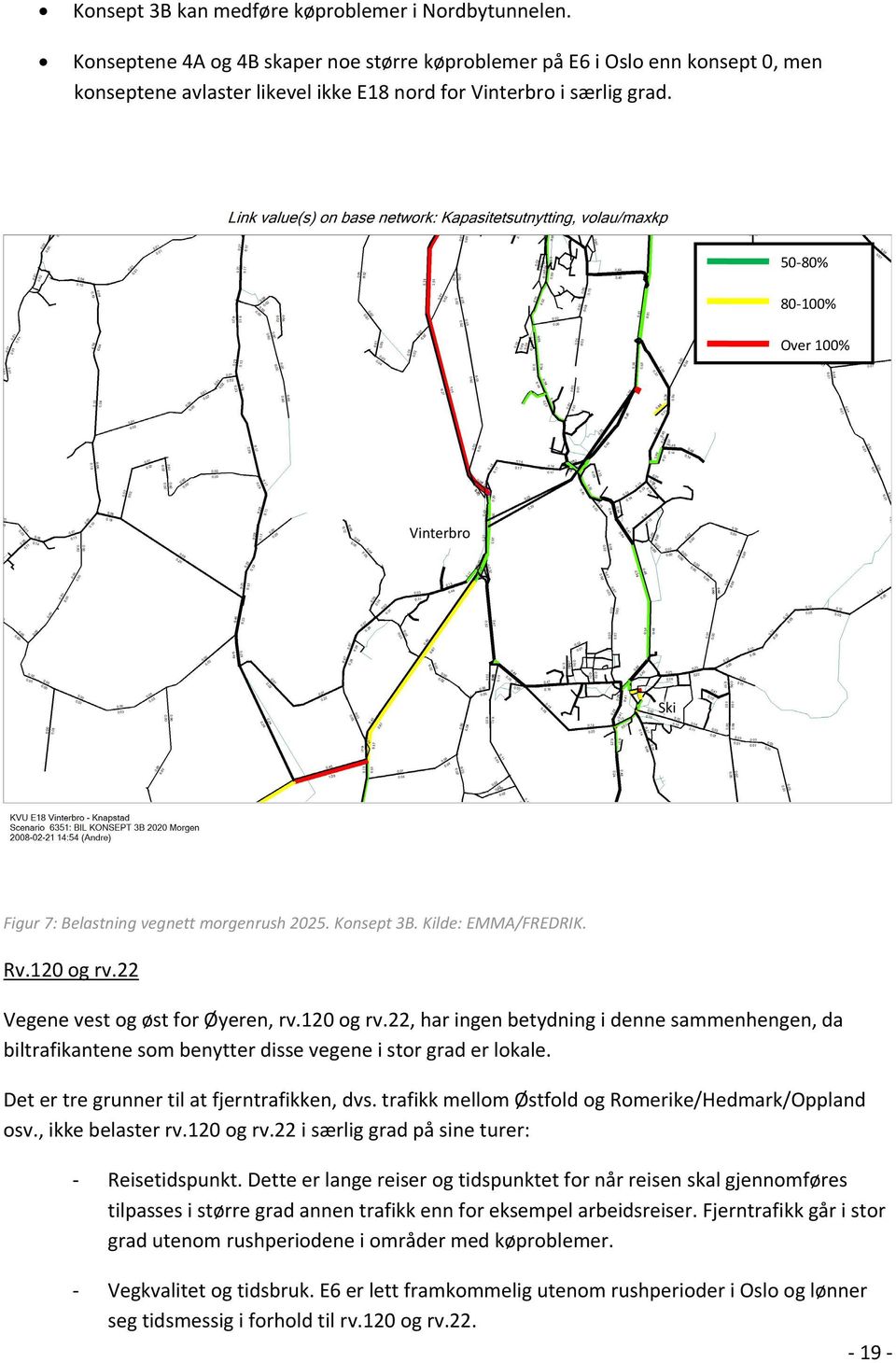 50 80% 80 100% Over 100% Vinterbro Ski Figur 7: Belastning vegnett morgenrush 2025. Konsept 3B. Kilde: EMMA/FREDRIK. Rv.120 og rv.
