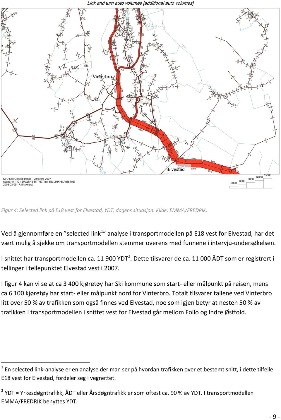 I snittet har transportmodellen ca. 11 900 YDT 2. Dette tilsvarer de ca. 11 000 ÅDT som er registrert i tellinger i tellepunktet Elvestad vest i 2007.